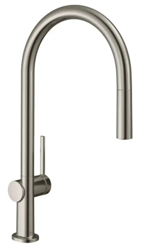 Spültischmischer von Hansgrohe mit hochgezogener Auslauf und seitlichem Hebel, in Edelstahl-Optik, optimal für die Küche.